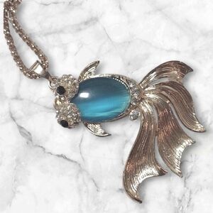 Goldfish Rhinestone Pendant Necklace Koi Fish Silver & Blue Necklace Jelly Belly